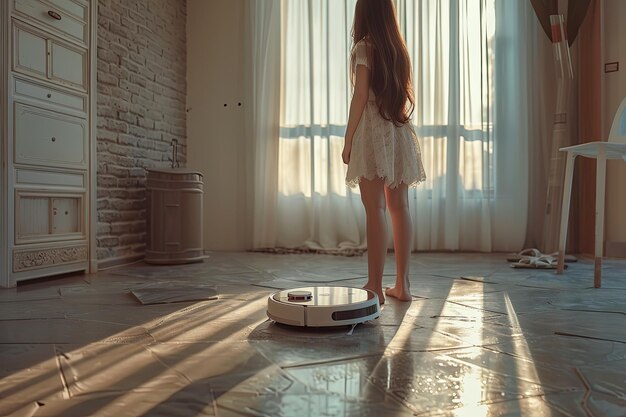 La fille nettoie sa chambre à l'aide d'un aspirateur robot moderne