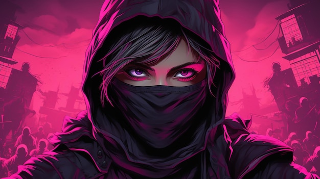 Fille ninja dans un sweat à capuche noir avec des yeux violets et un fond rose Concept fantastique Illustration peinture