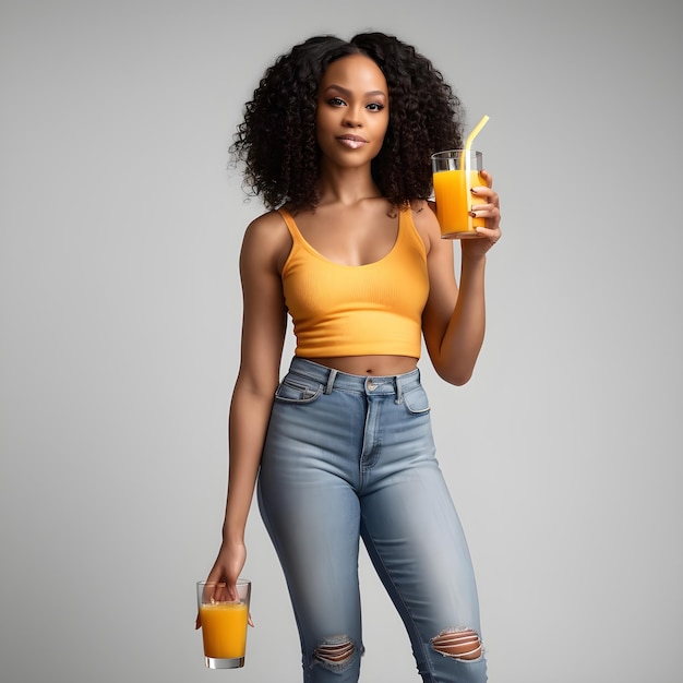 Une fille noire attrayante tenant un verre de jus d'orange.