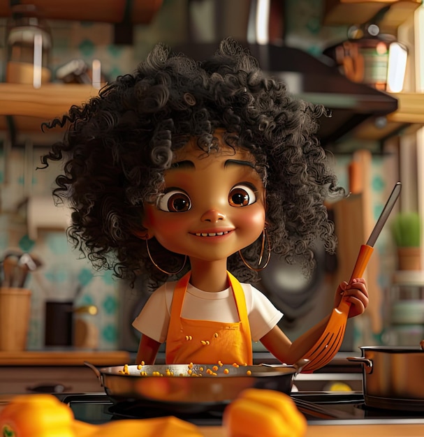 Photo une fille noire de dessin animé qui s'amuse dans la cuisine.