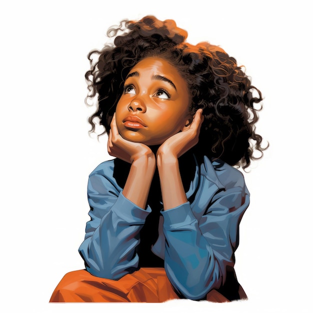 Une fille noire en pensée et en doute pose une illustration peinte à l'huile Un personnage féminin avec un visage rêveur sur un fond abstrait Ai a généré une affiche lumineuse en toile acrylique