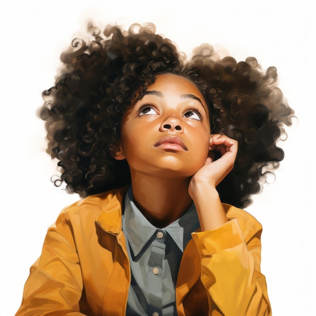 Une fille noire en pensée et en doute pose une illustration photoréaliste Un personnage féminin avec un visage rêveur sur un fond abstrait Ai a généré une affiche lumineuse réaliste