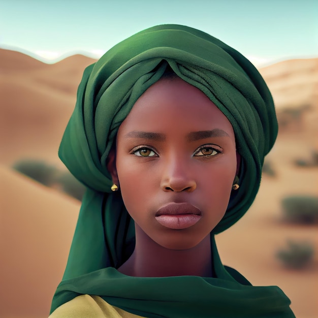 Une fille noire avec un turban vert sur la tête.