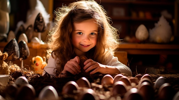 Fille avec des œufs de Pâques colorés