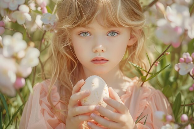 Une fille avec des œufs de Pâques et des fleurs dans le jardin des fleurs de fond Bon concept de carte de Pâque