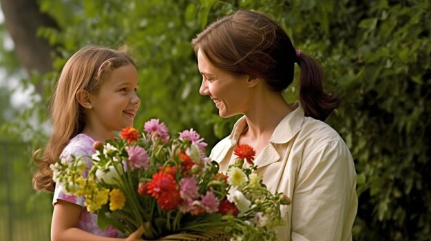 Photo une fille offre un bouquet de fleurs à sa mère ai générative