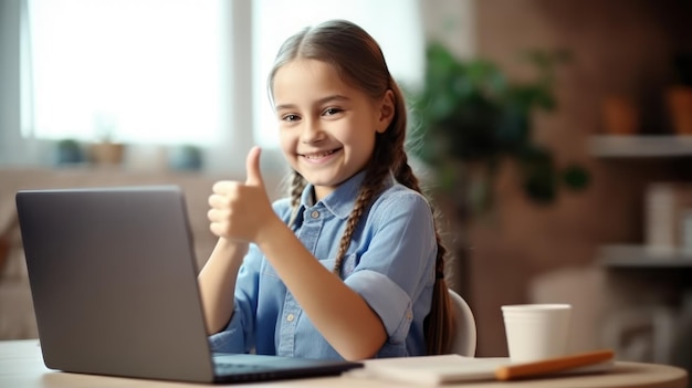 Une fille avec un ordinateur portable et un pouce levé