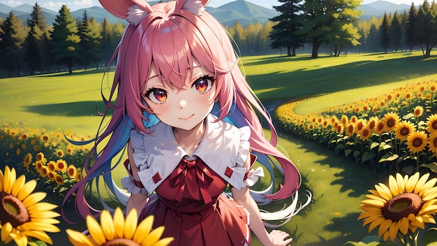 Fille d'oreille de lapin kawaii avec art d'anime de tournesol pour fond d'écran