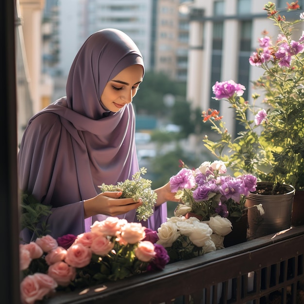 Photo une fille orientale de religion islamique et portant un hijab sur la tête s'occupe de fleurs