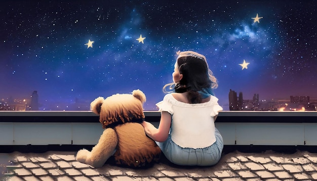 Une fille et un ours en peluche sont assis sur un toit en regardant les étoiles.