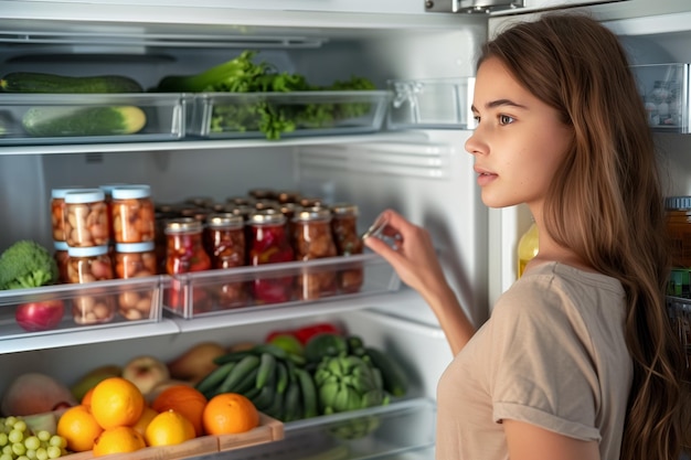 Photo une fille a ouvert le réfrigérateur dans la cuisine