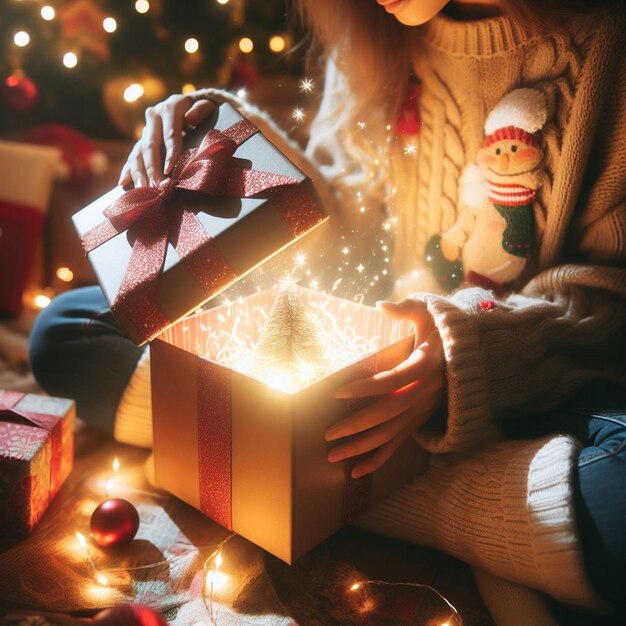 Une fille ouvre un cadeau de Noël Des images de fond de Noël