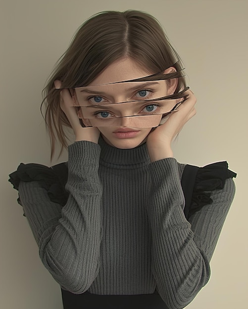 une fille avec une paire de lunettes tient sa tête devant un miroir