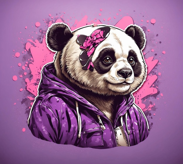 Une fille panda dans une veste rose avec un nœud sur la tête.
