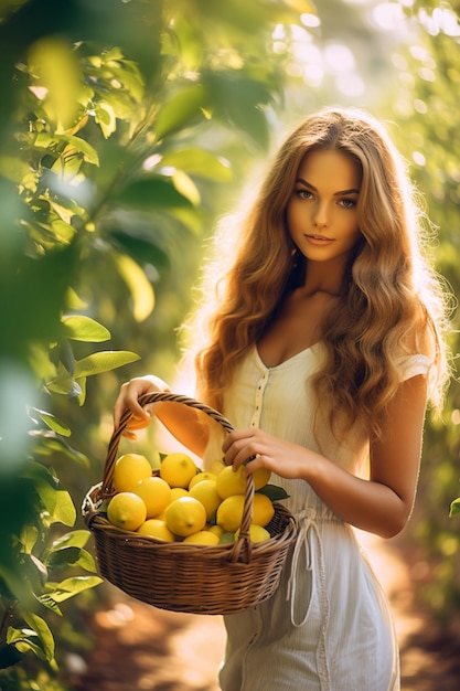 Une fille avec un panier de citrons