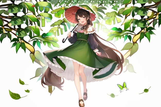 Une fille avec un parapluie dans les feuilles