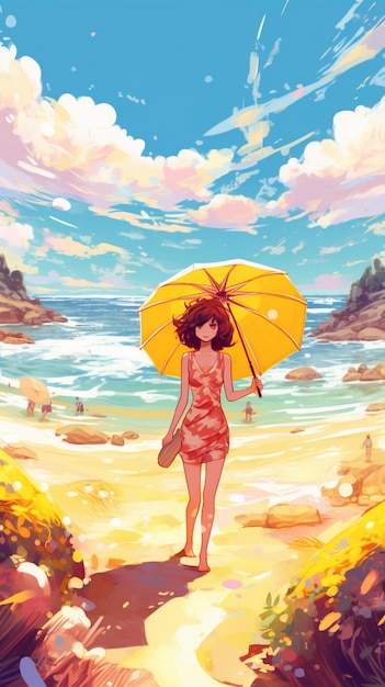 une fille avec un parapluie jaune sur la plage