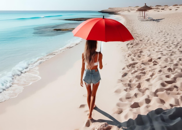 Une fille avec un parapluie se promène le long de la plage