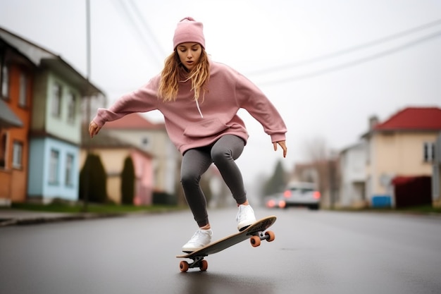 Fille de patineuse pratiquant dans une rue calme de la ville