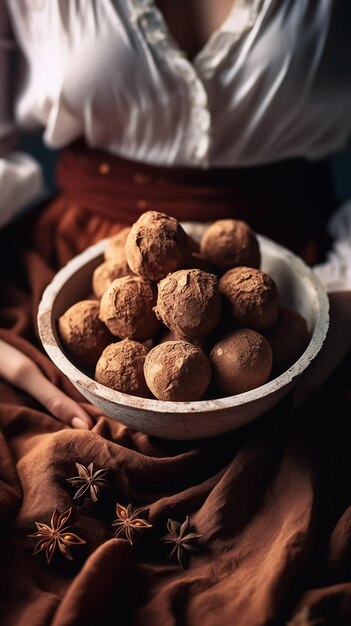 Une fille pâtissière tient une assiette de truffes au chocolat dans ses mains