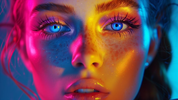Une fille à la peau claire, des yeux bleus, de longs cils faux, un maquillage brillant en couleurs néons.