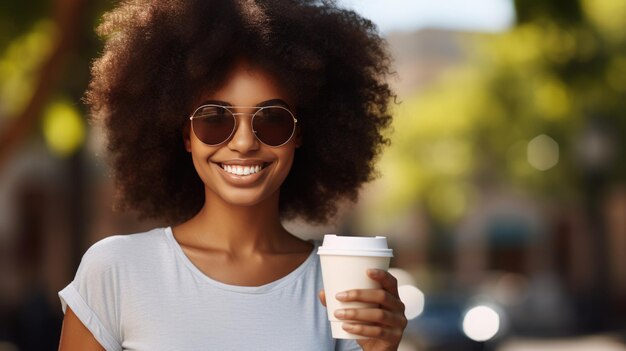 Une fille à la peau noire avec des cheveux afro tient une tasse de papier de café chaud créée avec la technologie d'IA générative