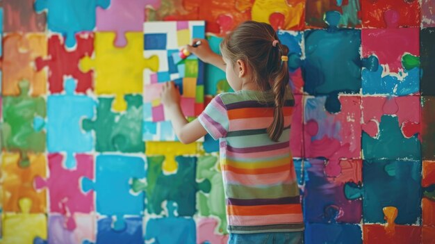 Une fille peint un mur avec de grands puzzles multicolores un symbole de la journée de sensibilisation à l'autisme