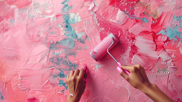 La fille peint le mur avec de la peinture rose.