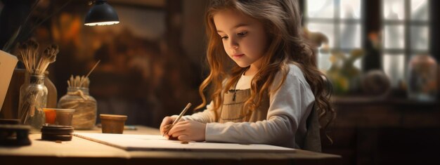 Une fille peint un tableau avec des peintures sur toile