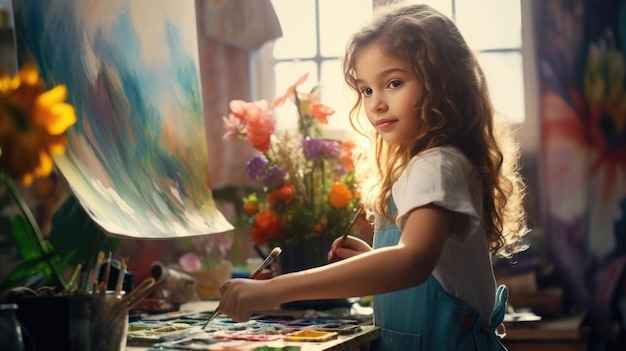 Une fille peint un tableau avec des peintures sur toile.