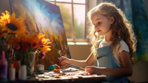 Une fille peint un tableau avec des peintures sur toile