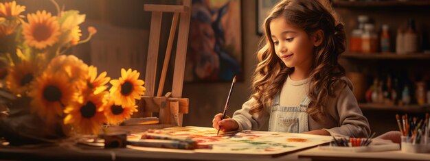 Une fille peint un tableau avec des peintures sur toile