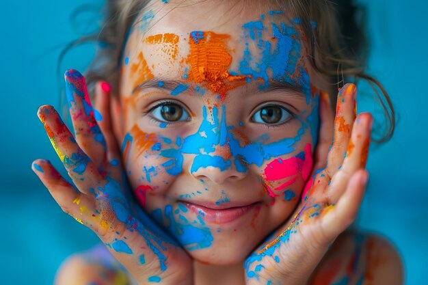 Photo une fille avec de la peinture bleue et rose sur son visage et son visage est couvert de peinture bleue