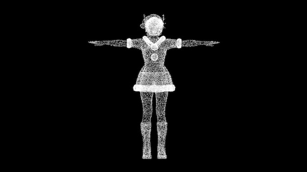 Fille de Père Noël 3D sur bg noir Jolie fille en costume sexy de Père Noël Joyeux Noël et bonne année concept Pour la présentation du texte du titre Particules chatoyantes Animation 3D