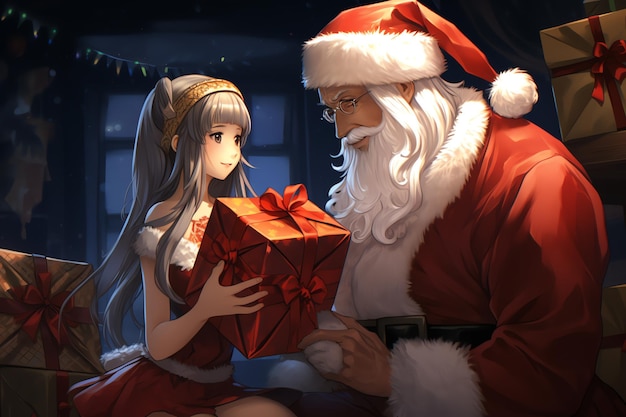 une fille de Père Noël tenant un cadeau illustration de style anime