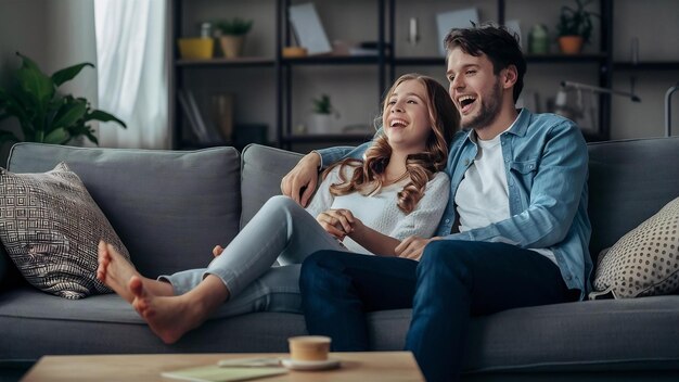 Une fille pieds nus assise sur le canapé avec son petit ami. Un couple riant en regardant la télévision.