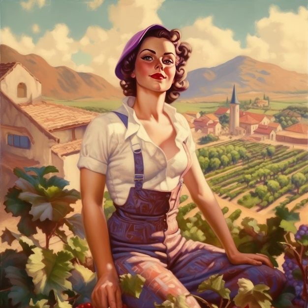 Une fille de pin-up cueillant des raisins dans un paysage vallonné rural