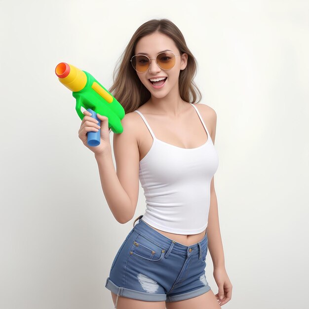 Une fille avec un pistolet à eau dans des vêtements d'été Songkran images générées avec l'IA