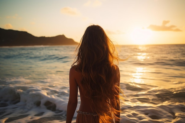 Fille sur la plage coucher de soleil Voyage en mer Générer ai