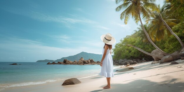 Une fille sur une plage face à la mer