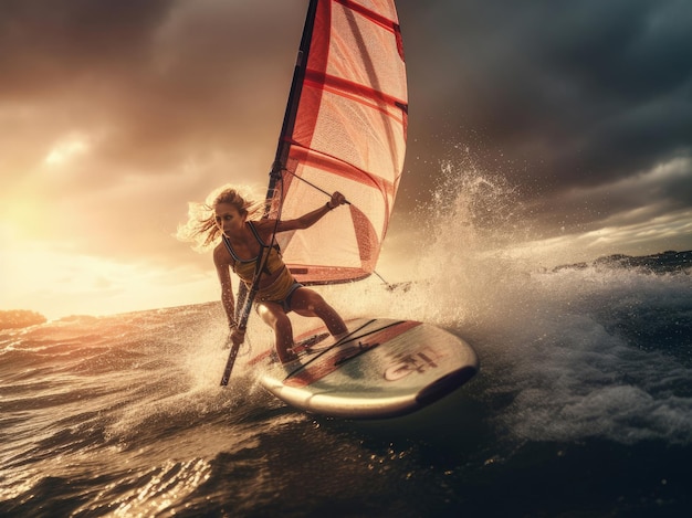 Fille sur une planche à voile surfant à travers les vagues