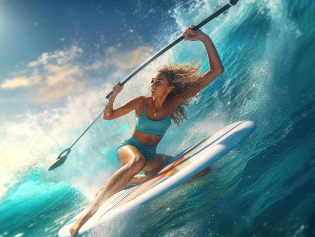 Fille sur une planche à voile surfant à travers les vagues