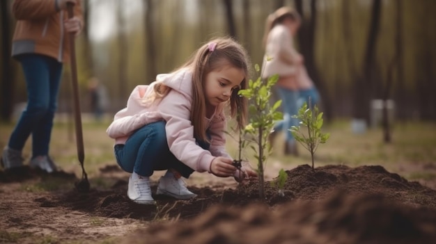 Fille plantant un arbre dans le parc de la ville Vue rapprochée