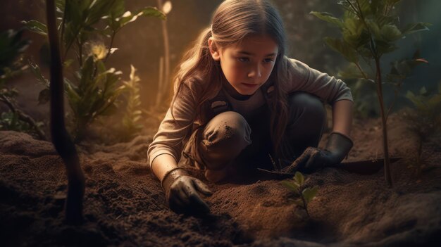 Une fille plantant une plante dans le noir