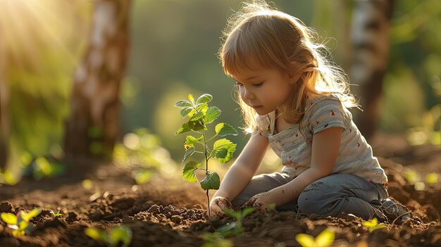 La fille plante un petit arbre dans le sol Jour de la Terre