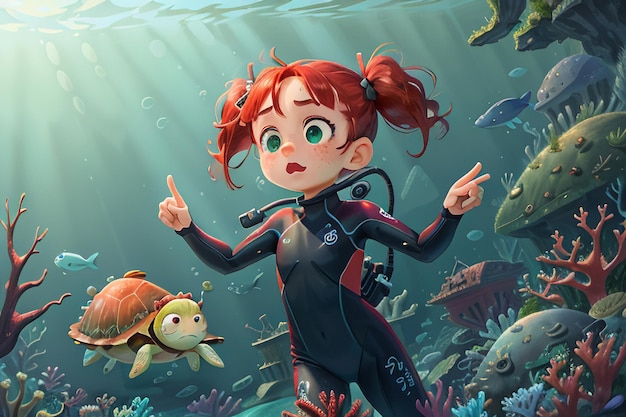 Fille plongée sous la mer monde sous-marin coloré poisson corail fond d'écran illustration