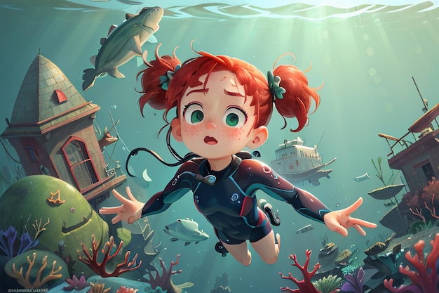 Fille plongée sous la mer monde sous-marin coloré poisson corail fond d'écran illustration