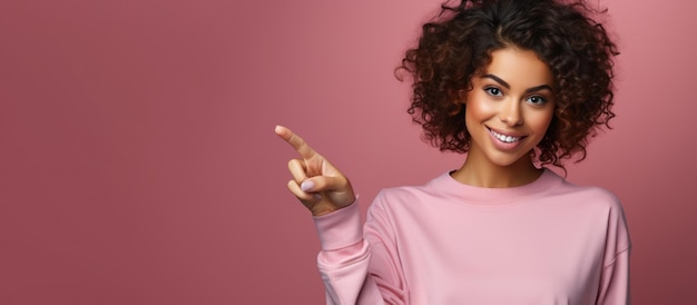 La fille pointe sa bannière du doigt avec un espace de copie pour la publicité et les promotions