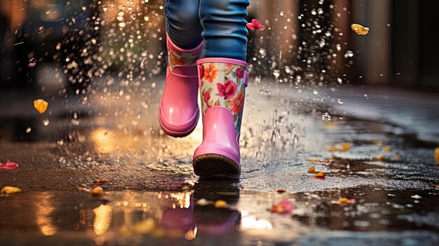 Photo une fille portant des bottes de pluie se promène dans une flaque d'eau