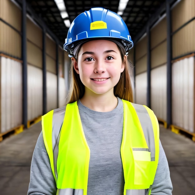 Une fille portant un casque bleu et un gilet jaune se tient dans un entrepôt.